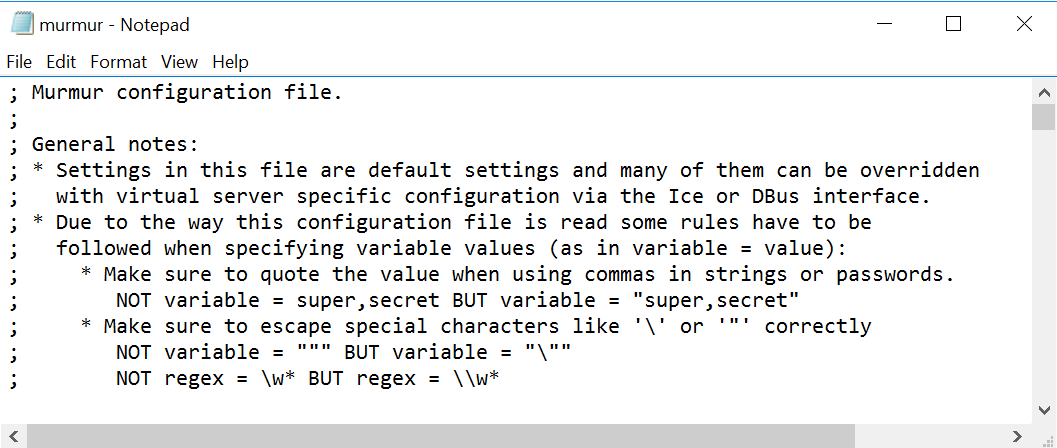 Parte iniziale del file di configurazione murmur.ini