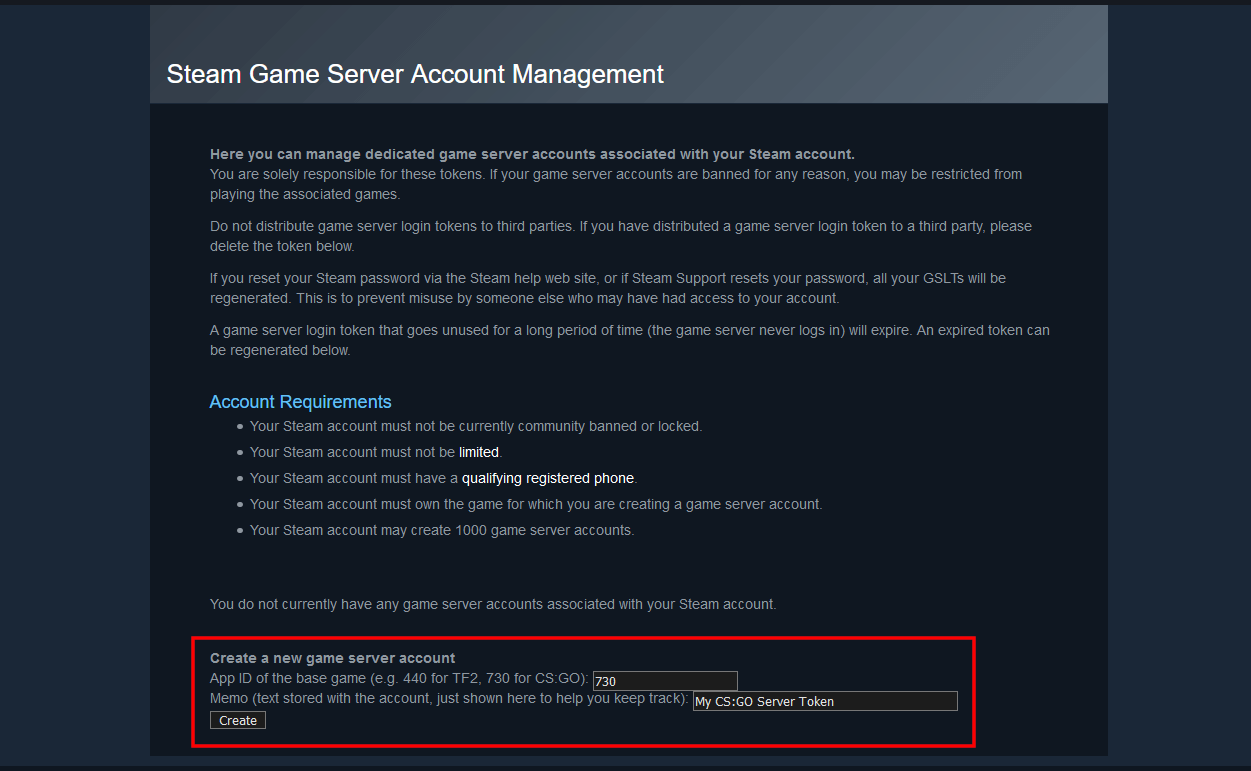 Gestione dell’account del server di gioco Steam