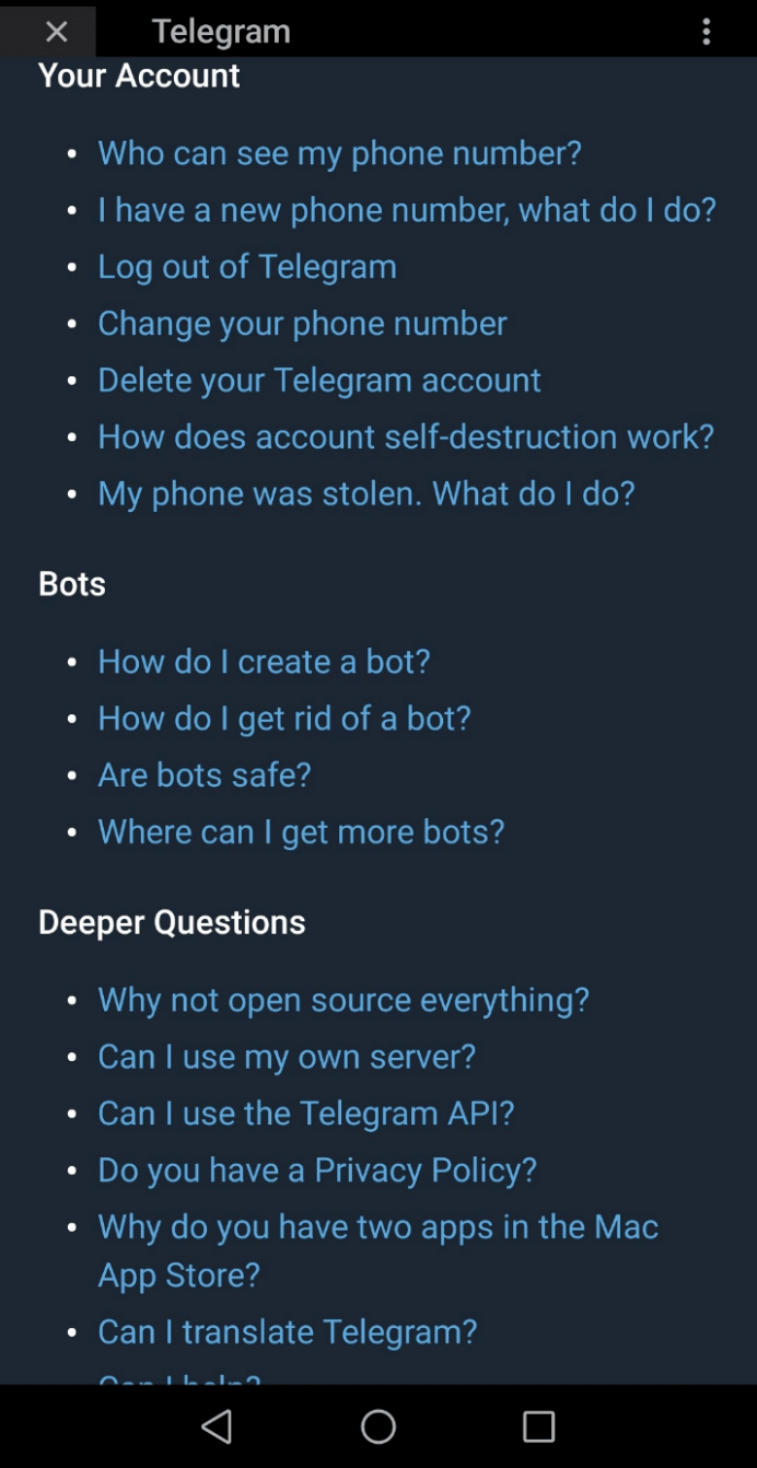 Sezione delle FAQ nell’app Telegram “Il tuo account“