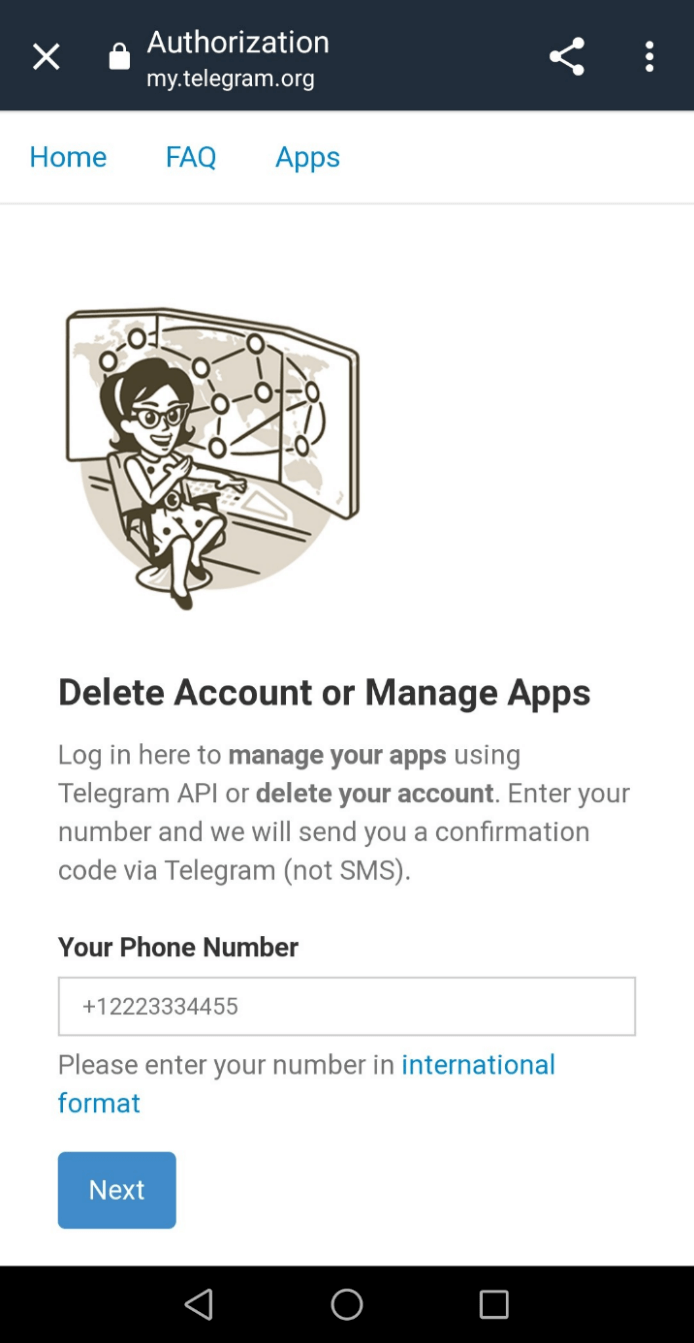Sito web di Telegram per eliminare l’account: inserimento del numero di cellulare