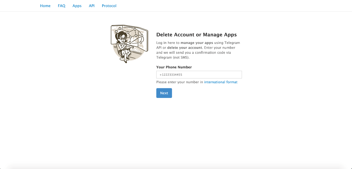 Nel browser: sito web di Telegram per la cancellazione dell’account