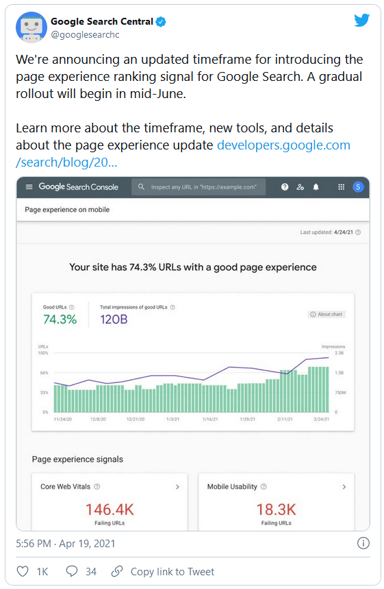 Tweet del team di Google sui segnali web essenziali