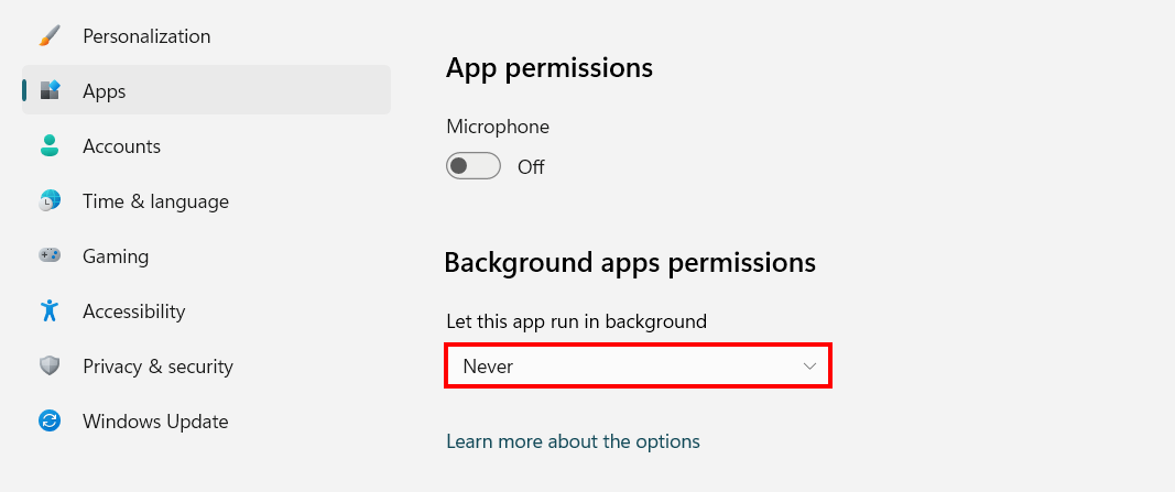 Windows 11: “Impostazioni avanzate” di un’app con permessi in background