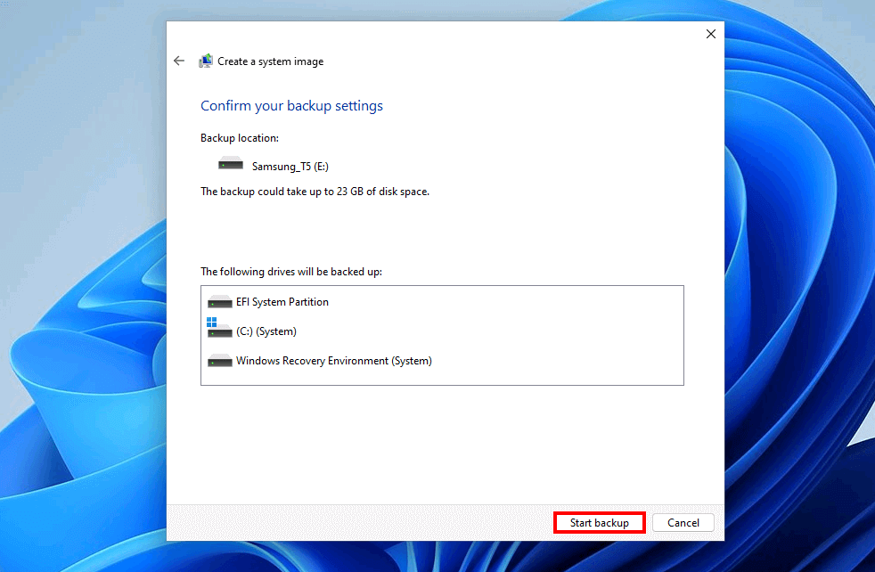 Backup in Windows 11: finestra di conferma