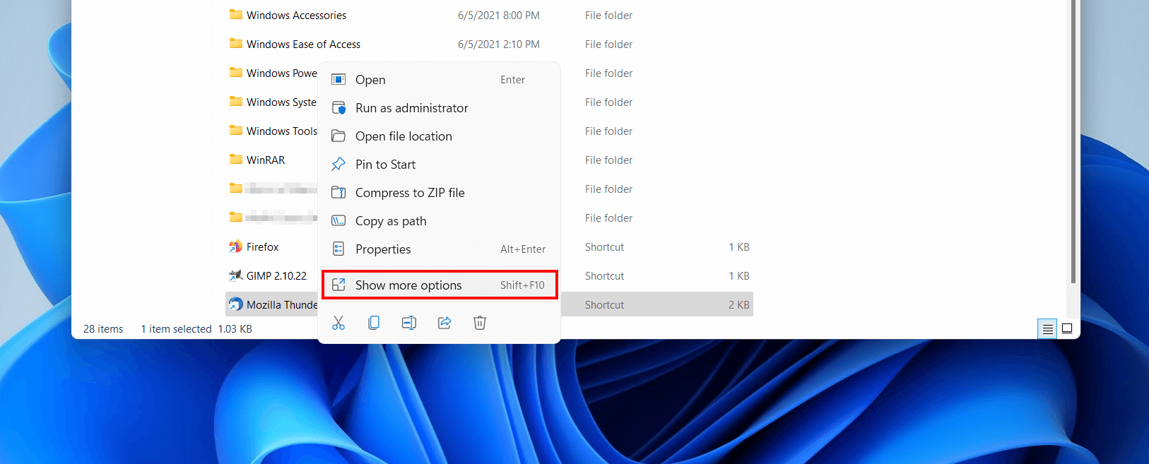 Windows 11: menu del tasto destro del mouse su file