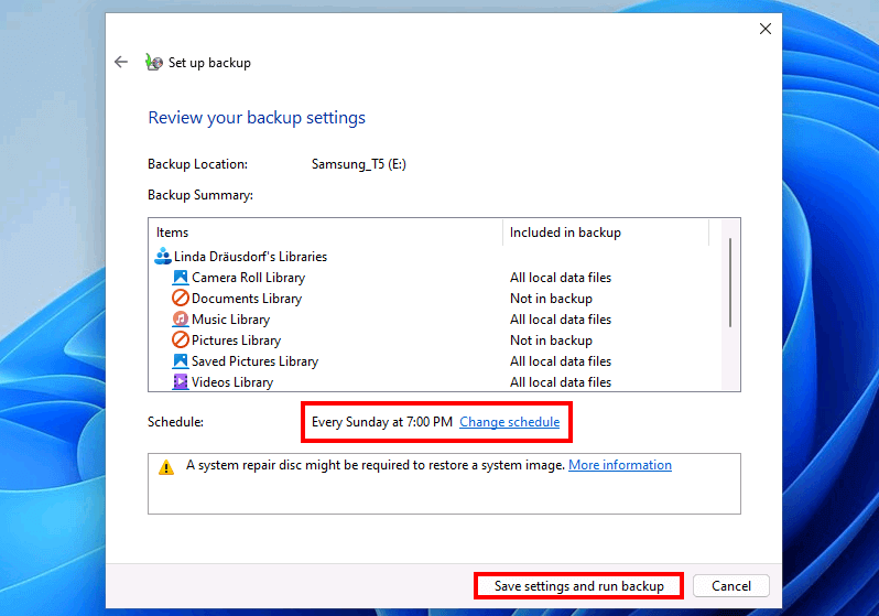 Windows 11: controllo delle impostazioni di pianificazione del backup