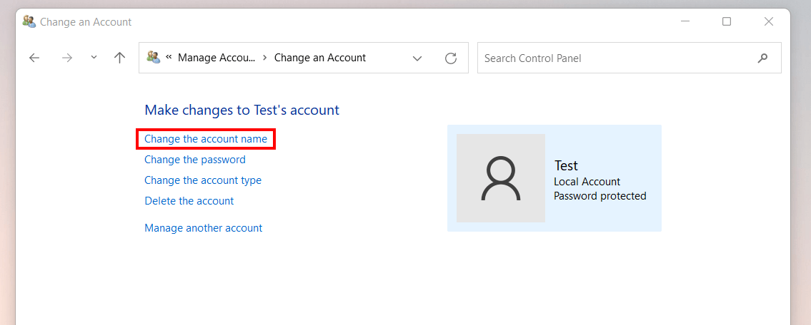Finestra di Windows “Modifica dell’account utente“