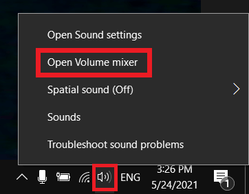Impostazione audio “Apri mixer volume” su Windows 10