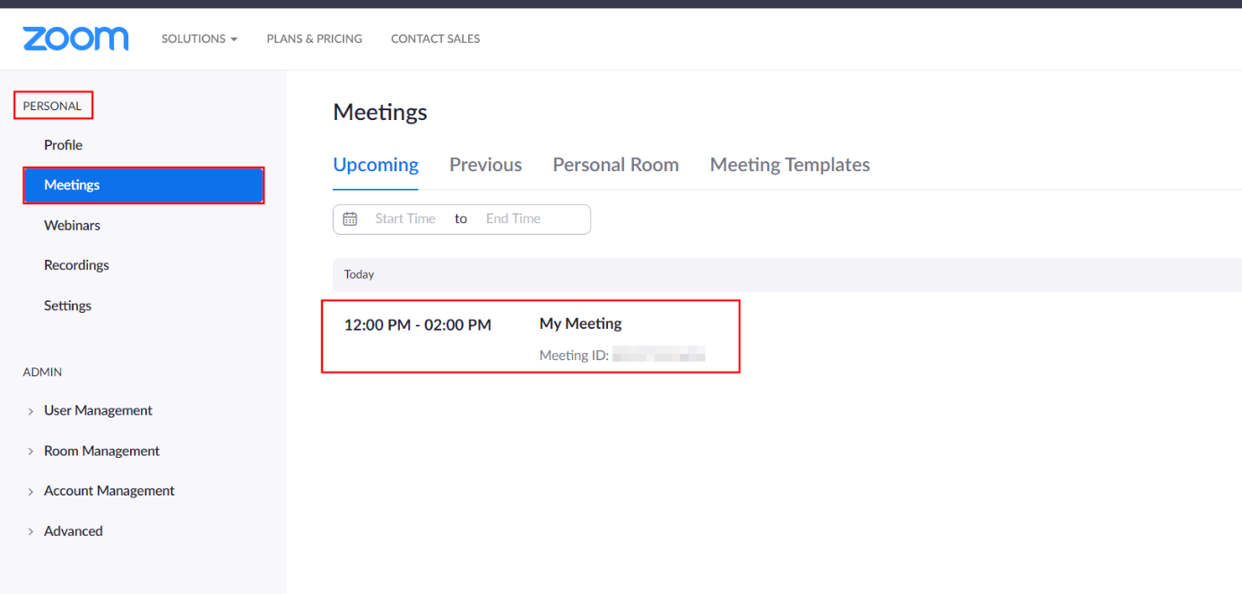Applicazione web di Zoom: riepilogo delle riunioni pianificate