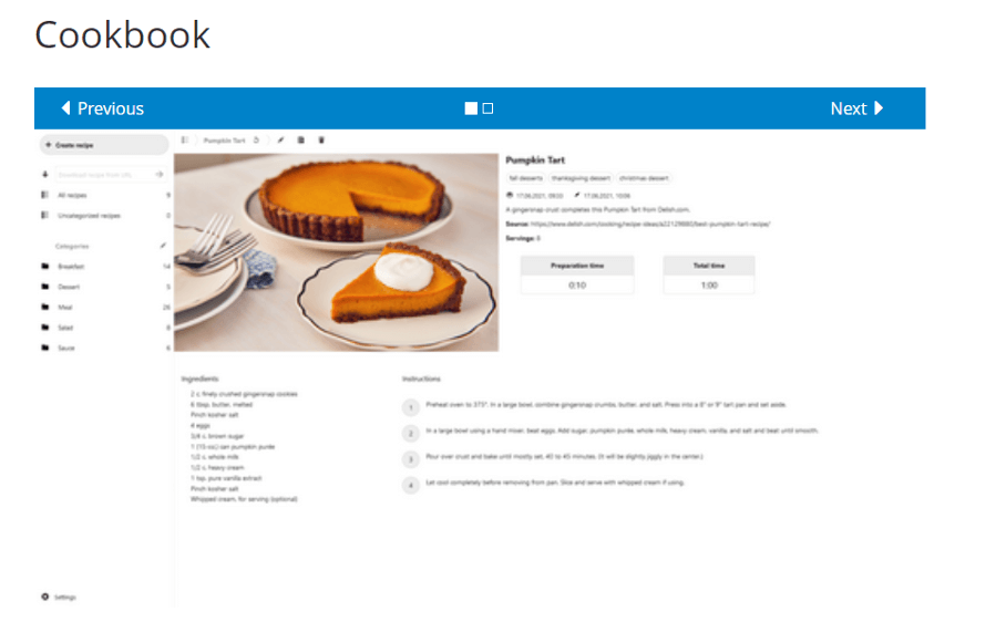 Screenshot dell’app Cookbook sul sito web di Nextcloud