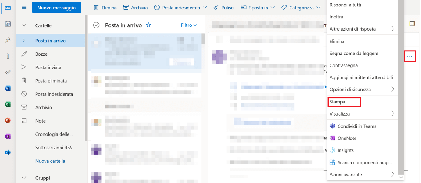 Versione web di Outlook con e-mail aperta e menu aperto con “Stampa”