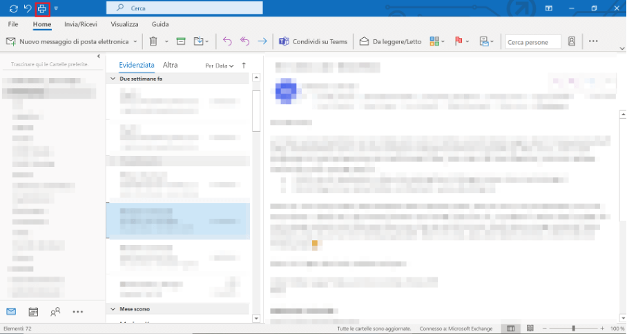 Outlook con l’icona “Stampa“ nella barra degli strumenti blu