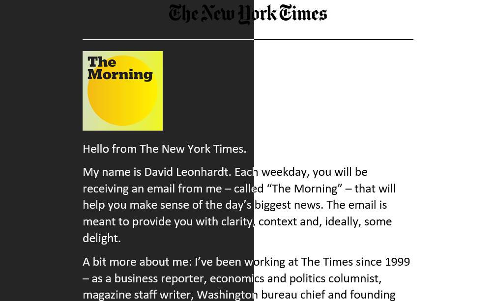 Newsletter del New York Times nella modalità scura e chiara