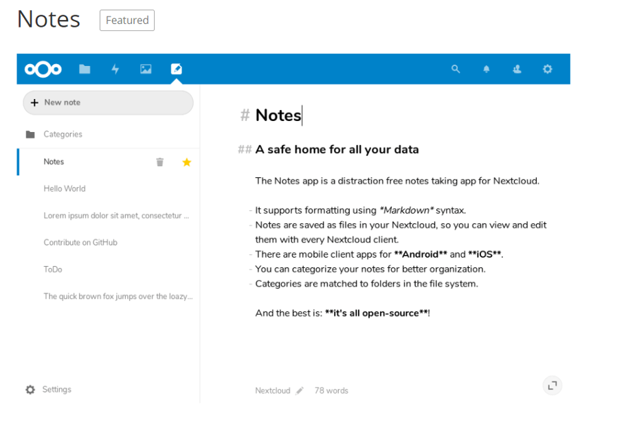 Screenshot di Notes nel database di app di Nextcloud