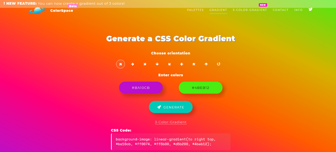 Screenshot del generatore di sfumature di colore CSS ColorSpace con una sfumatura violetta e verde