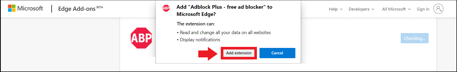 Installazione di Adblock Plus tramite la pagina dei componenti aggiuntivi per Edge