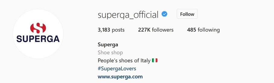Biografia su Instagram di Superga