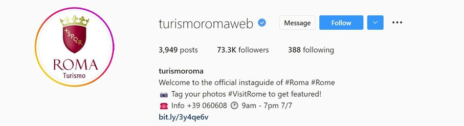 Biografia su Instagram di Turismo Roma