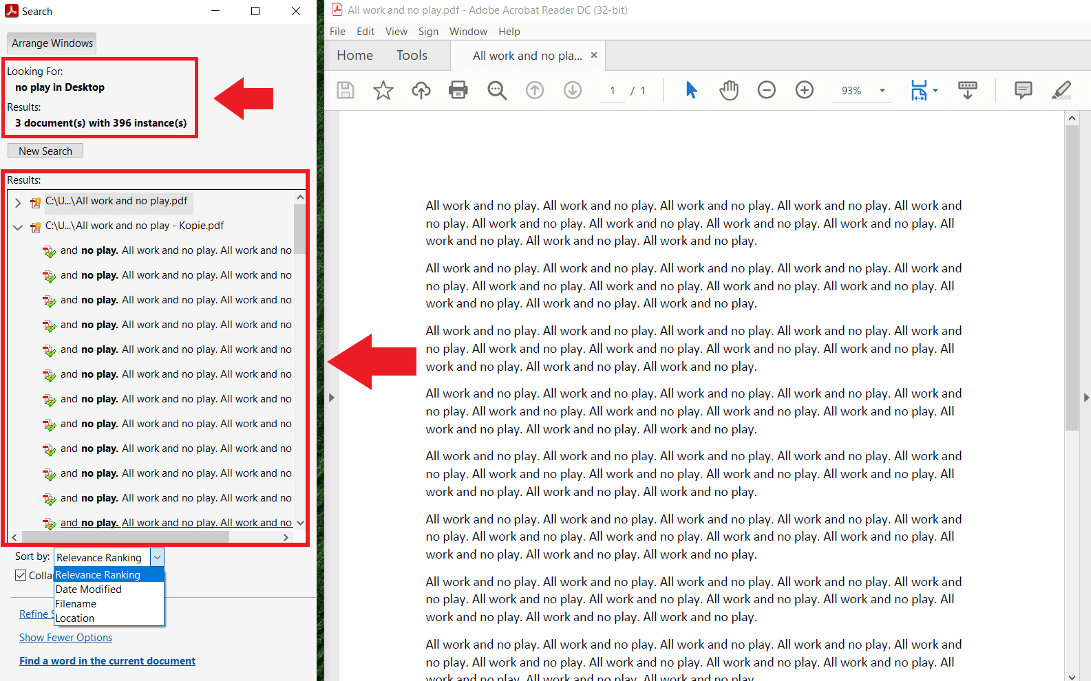 Risultato della ricerca avanzata in un PDF