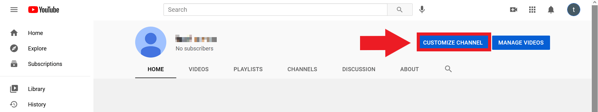 Pulsante “Personalizza canale” nel menu del canale di YouTube