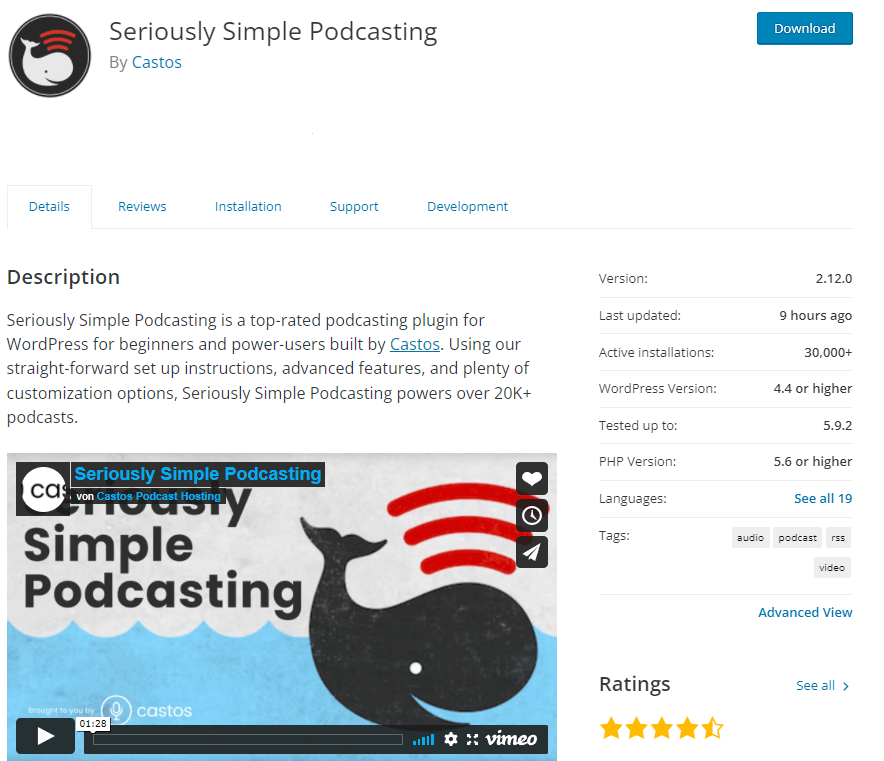 Descrizione del plugin Seriously Simple Podcasting su WordPress