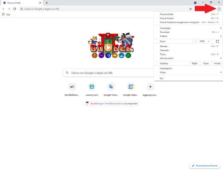 Menu Chrome “Personalizzare e gestire Google Chrome”