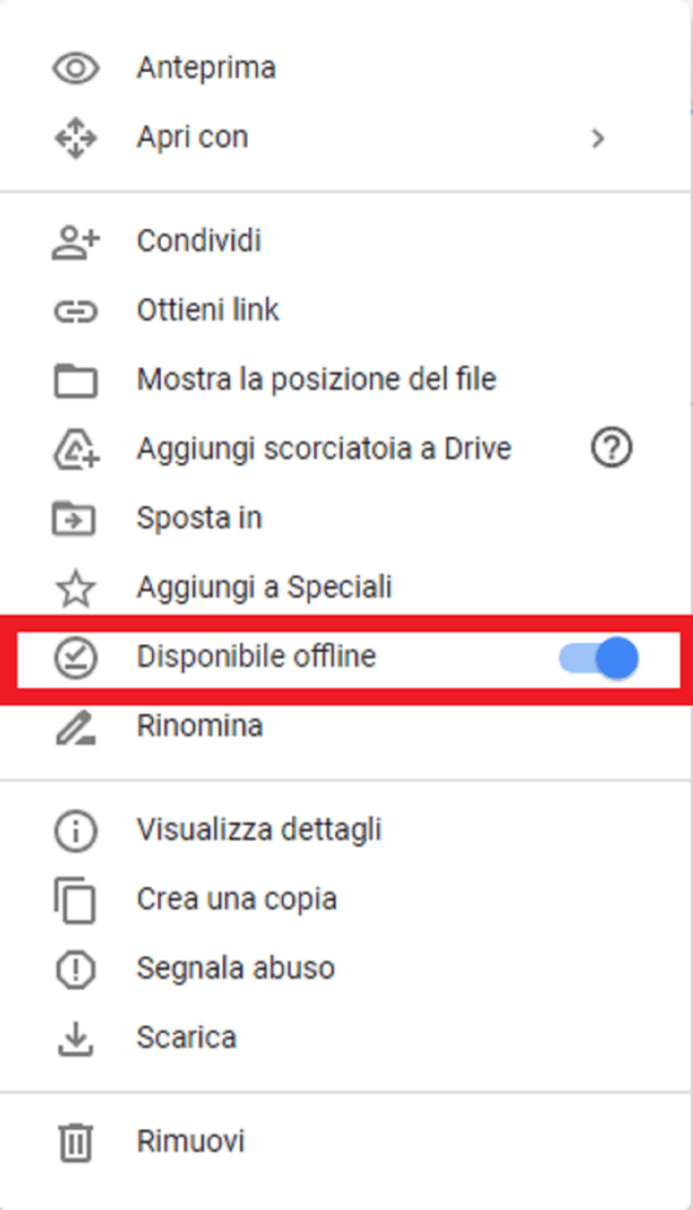 Google Docs con l’opzione “Disponibile offline”