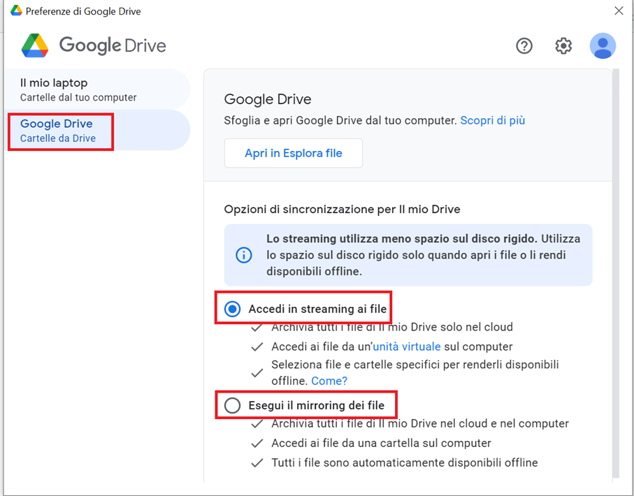Alla voce “Google Drive”, potrete scegliere tra due opzioni di sincronizzazione