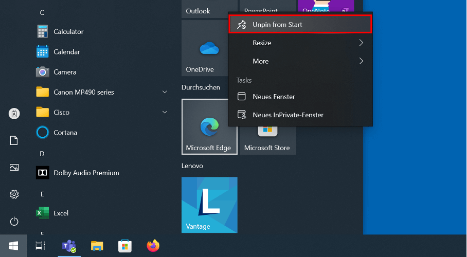 Icona di Microsoft Edge nel menu Start di Windows