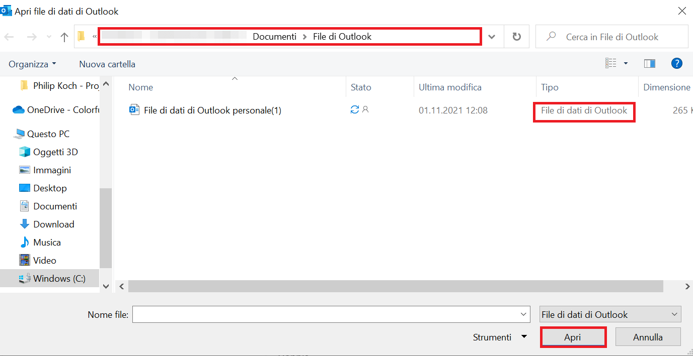 Elenco di tutti i file .pst salvati nella cartella di file di dati di Outlook