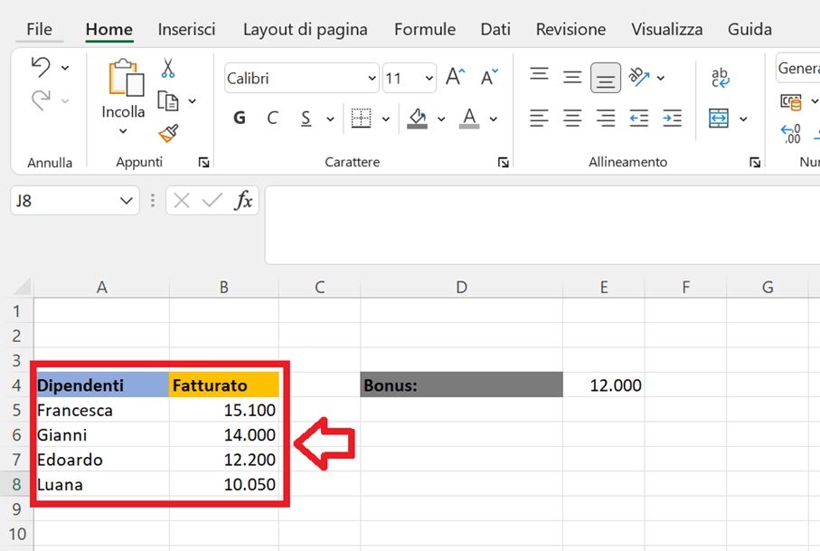 Esempio 2 di CONFRONTA.X: tabella di Excel con i valori da ricercare