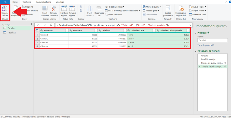 Inserite le tabelle unite in un nuovo foglio di lavoro Excel facendo clic su “Chiudi e carica”