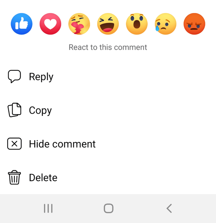 App di Facebook: menu contestuale dei commenti