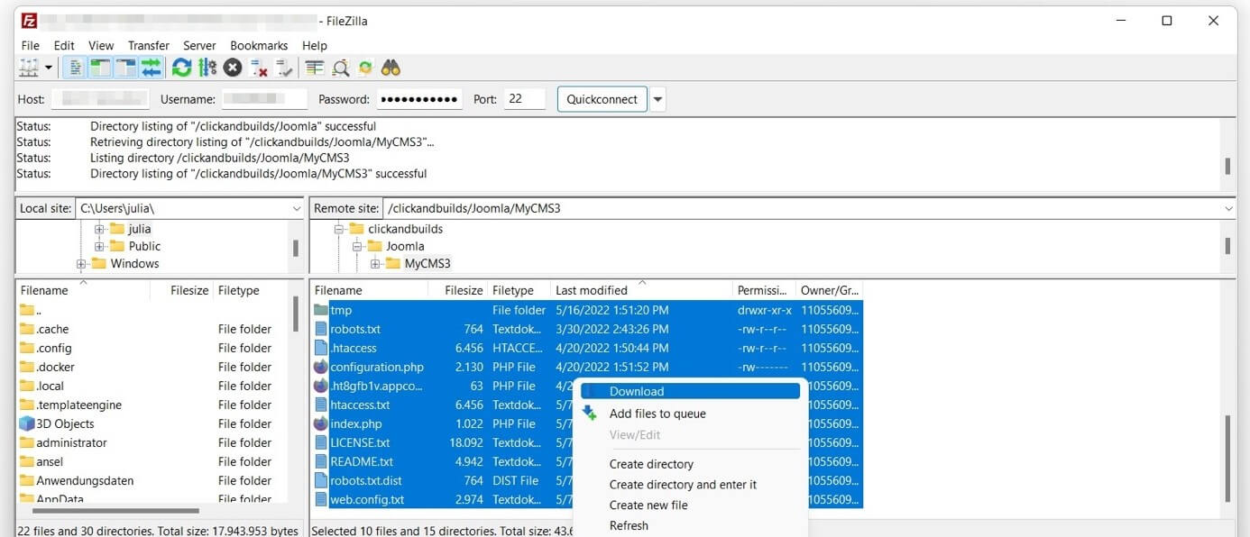 FileZilla: backup di Joomla (archiviazione online)