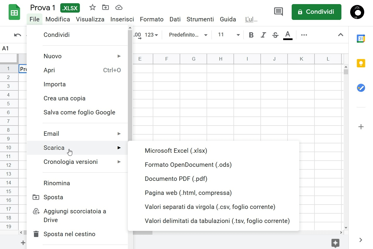 Fogli Google (Sheets): download della tabella Excel modificata