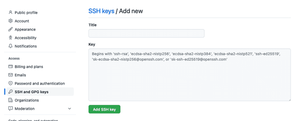 Impostazioni GitHub per aggiungere una chiave SSH