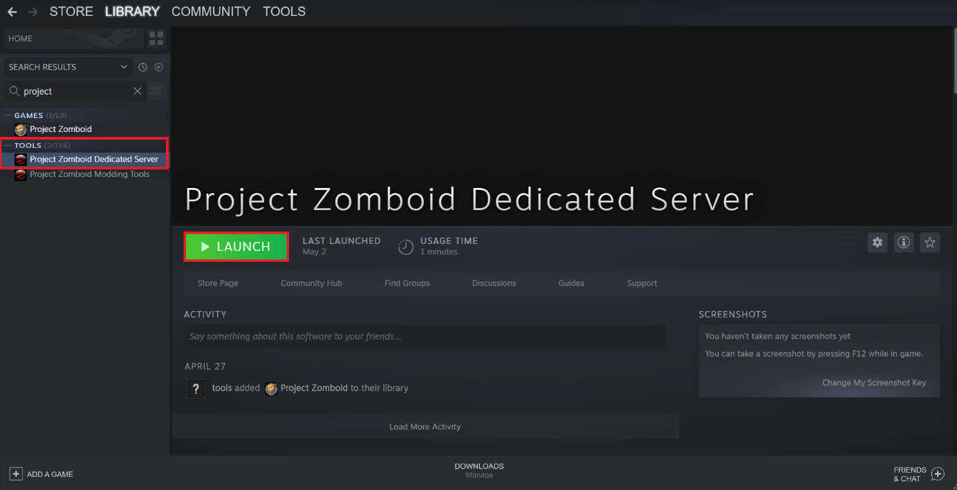 Pagina iniziale dell’’applicazione del server dedicato per Project Zomboid su Steam