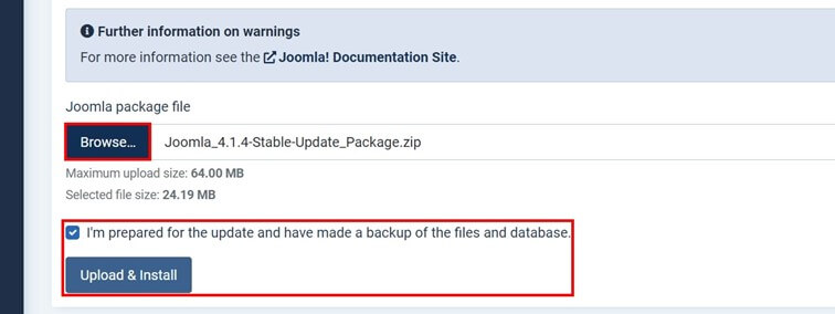 Aggiornamento di Joomla: caricamento del file del pacchetto Joomla nel back end