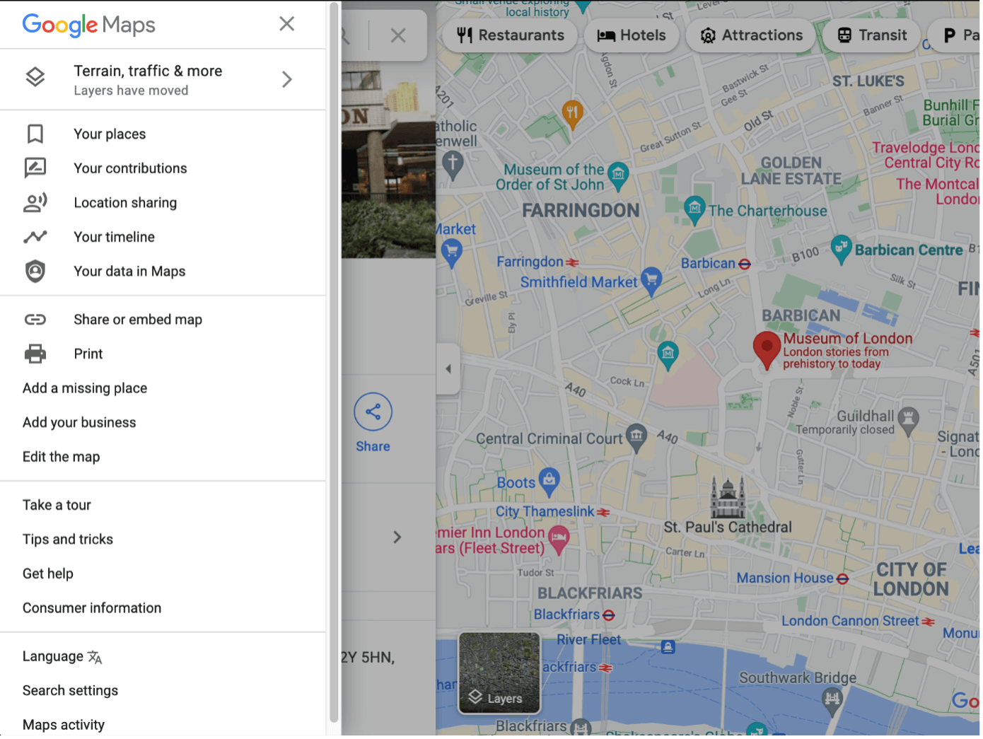 Screenshot di una mappa su Google Maps con menu aperto