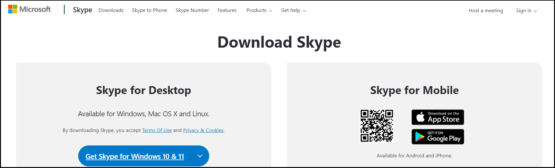 Pagina di Microsoft per scaricare Skype