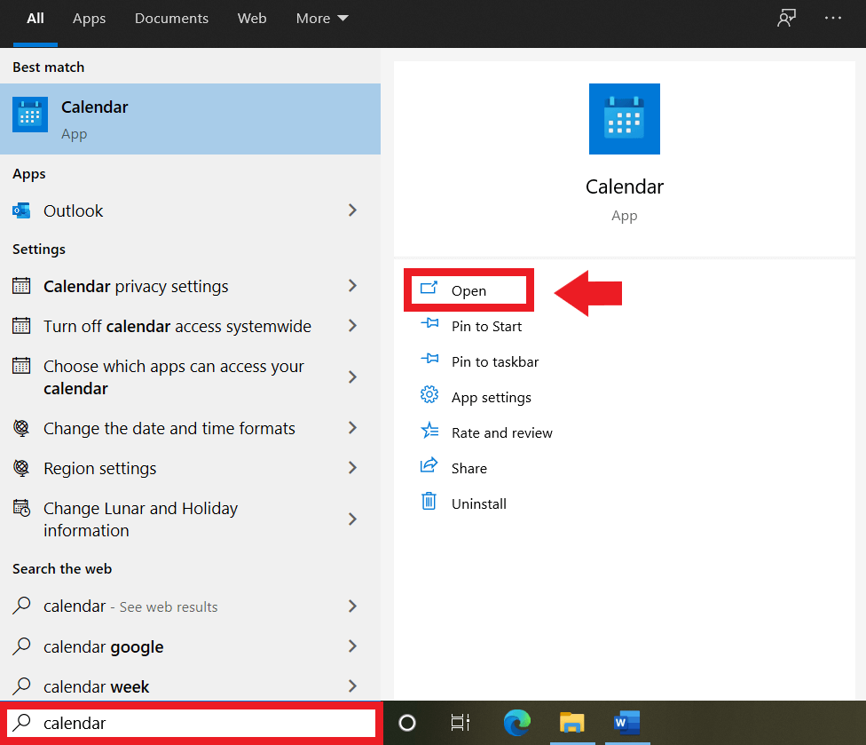 Aprite l’applicazione Calendario di Windows usando la barra di ricerca