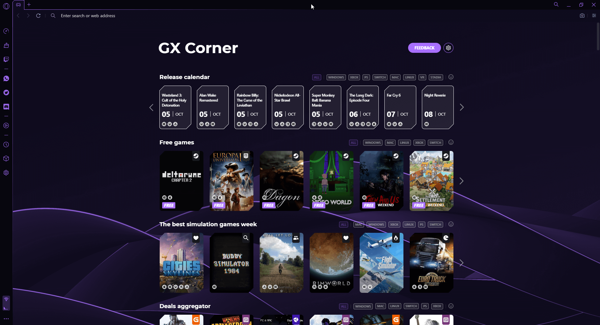 Opera GX: pagina di anteprima per i gamer