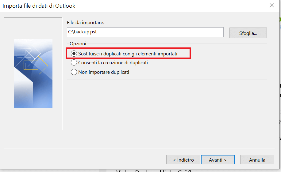 Opzione di procedura guidata di Outlook che esclude la creazione di duplicati