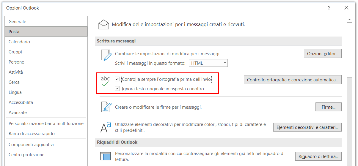 Outlook: casella di controllo “Controlla sempre l’ortografia prima dell’invio”