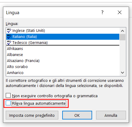 Outlook: Menu per la selezione della lingua per il controllo ortografico