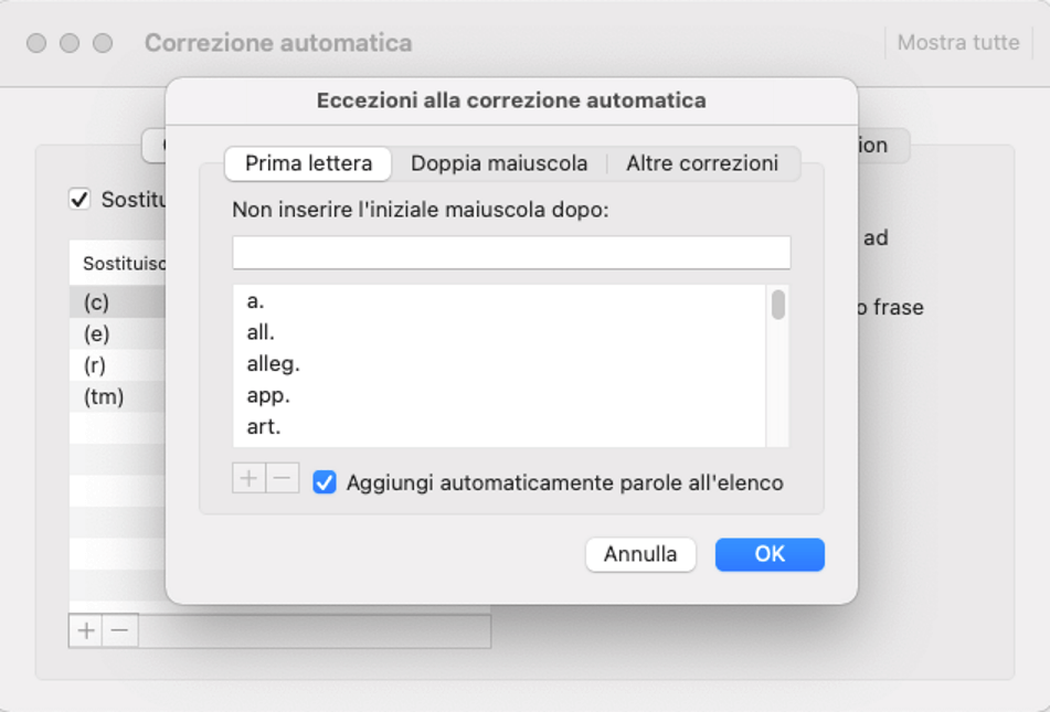 Outlook per Mac: eccezioni alla correzione automatica