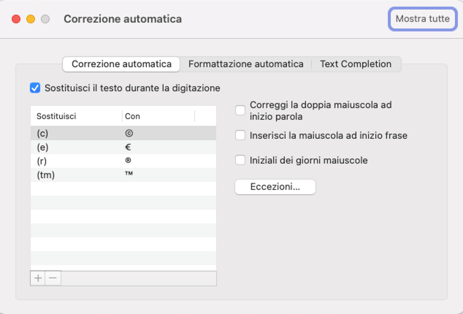 Outlook per Mac: opzioni di correzione automatica