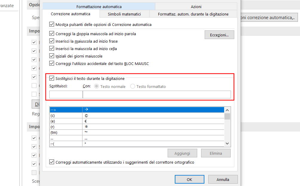Outlook per Windows: opzioni di correzione automatica