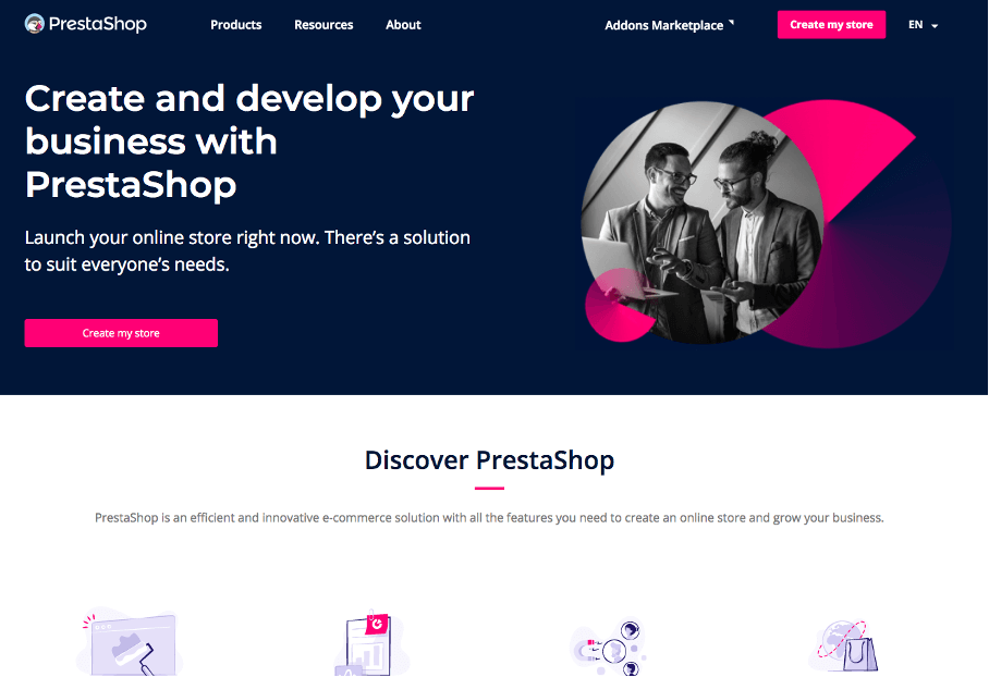 Screenshot del sito web di PrestaShop