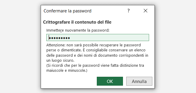 Schermata della finestra di dialogo denominata Confermare la password